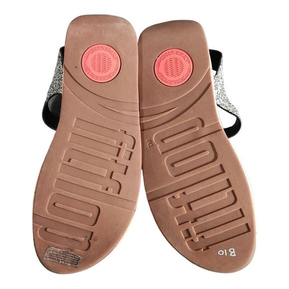 Fitflop Sandals Black White 10 Leather Open Toe Ankle Strap Cork Platform Wedge - Picture 7 of 8